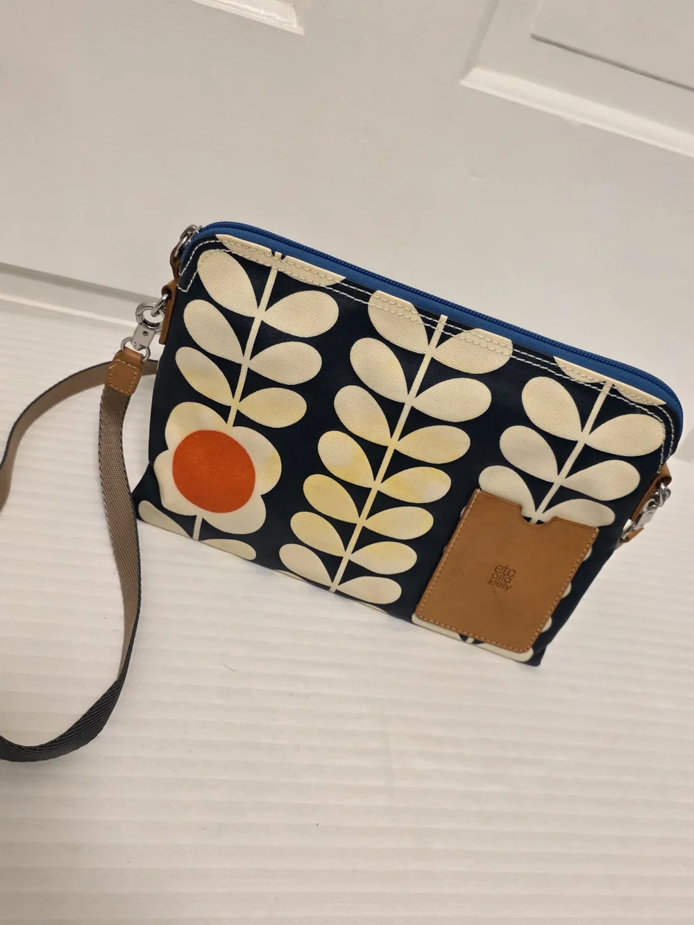 Orla Kiely Navy Crossbody/Clutch W/ Cream Stem Pattern & Orange Dot Lightweight